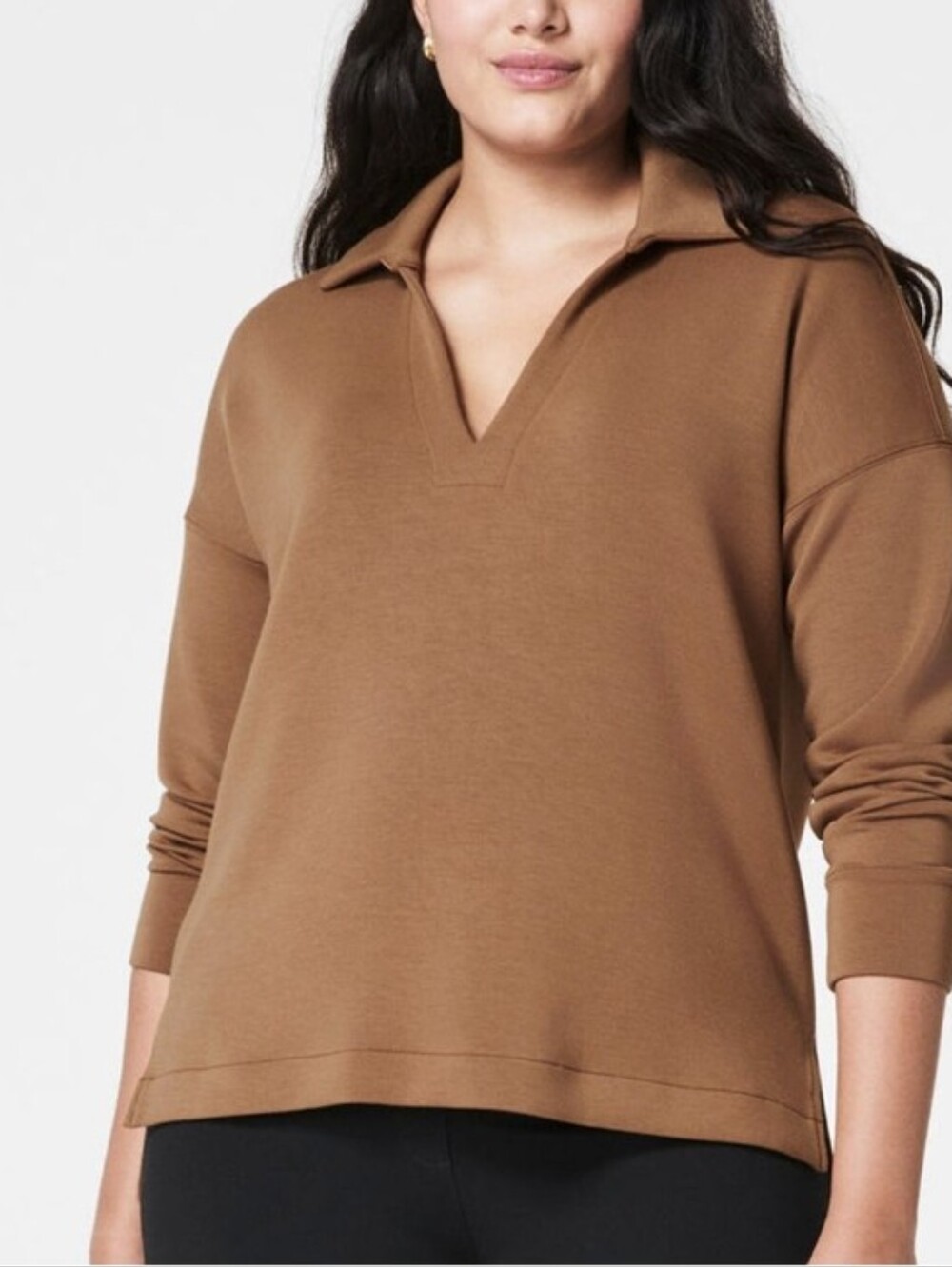 Spanx AirEssentials Pique Long Sleeve Polo Top Camel Rown Size Small